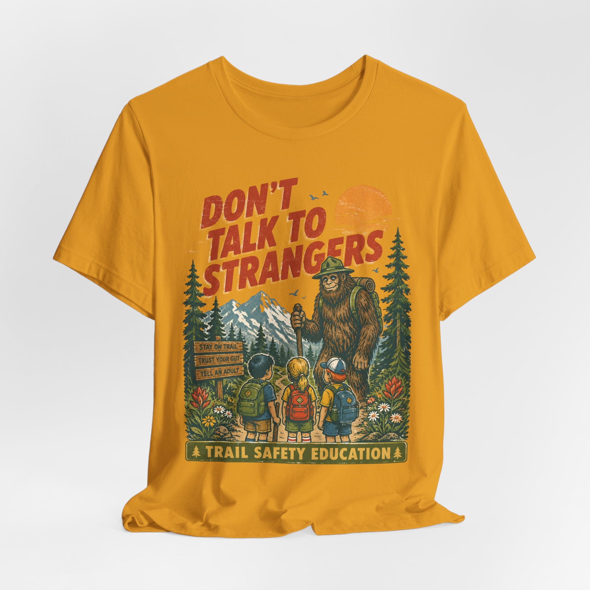 Don't Talk to Strangers Bigfoot Tee in Black detail - Sasquatch strangers close-up graphic, Barely Outdoorsy Bella Canvas 3001