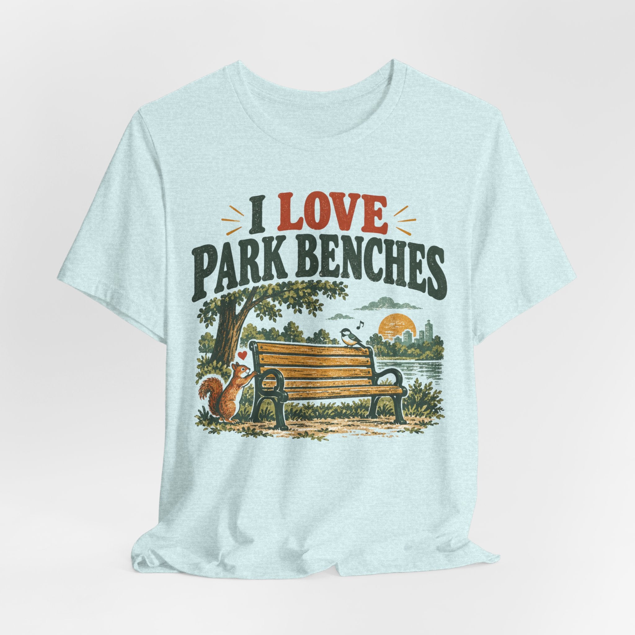 I Love Park Benches T-Shirt in Heather True Royal detail - park bench humor close-up graphic, Barely Outdoorsy Bella Canvas