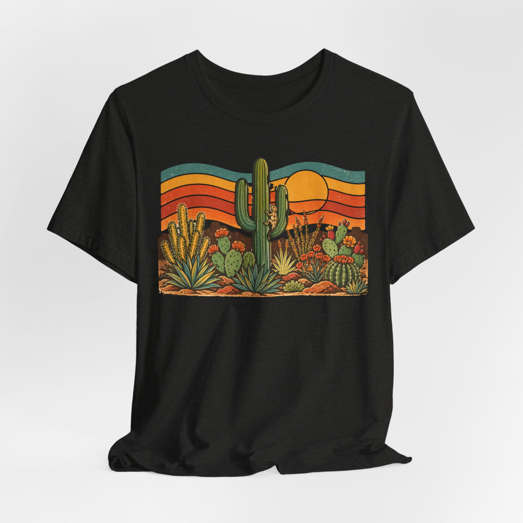 Retro Cactus Garden Desert Sunset T-Shirt in Heather True Royal detail - Southwest cactus garden close-up graphic