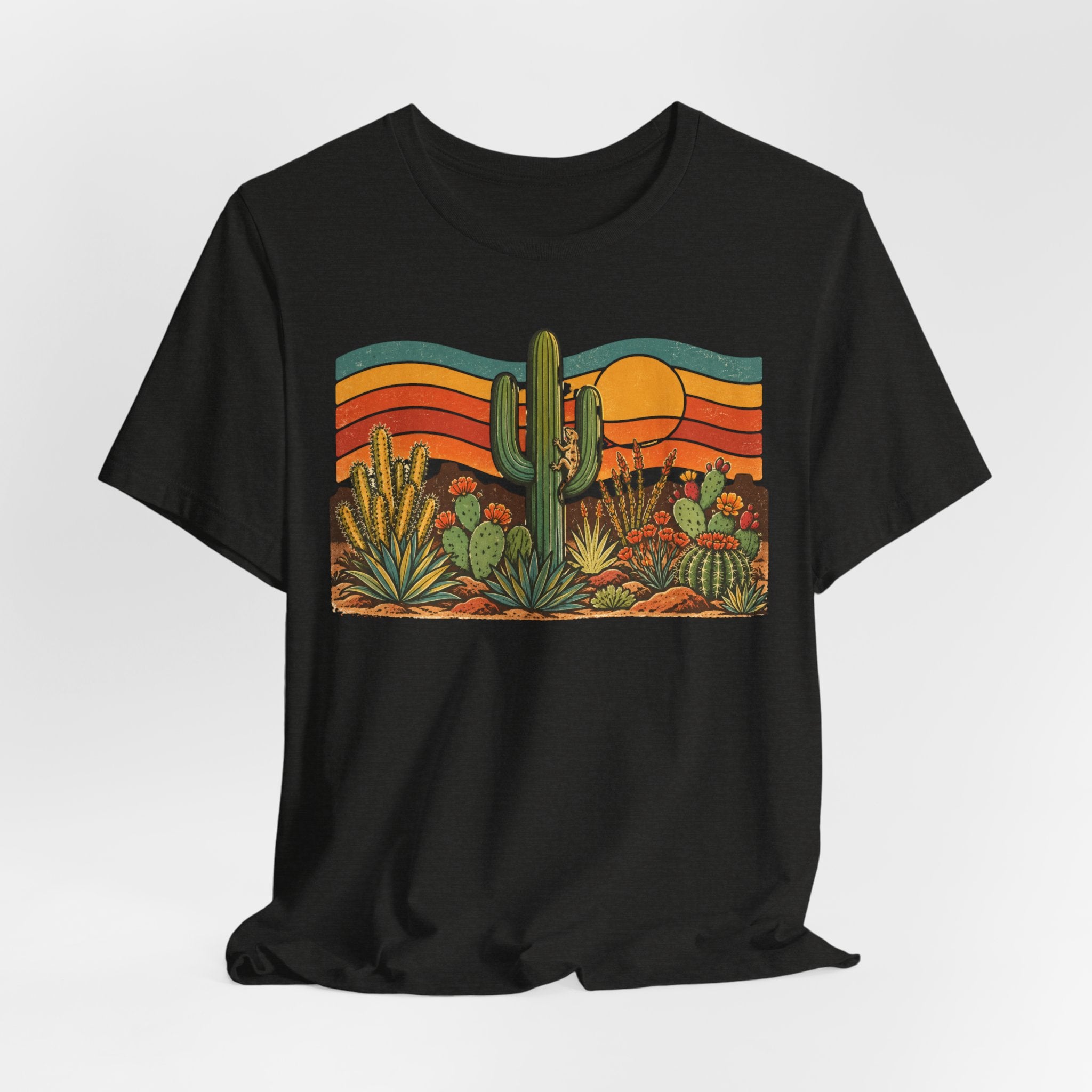 Retro Cactus Garden Desert Sunset T-Shirt in Heather True Royal detail - Southwest cactus garden close-up graphic