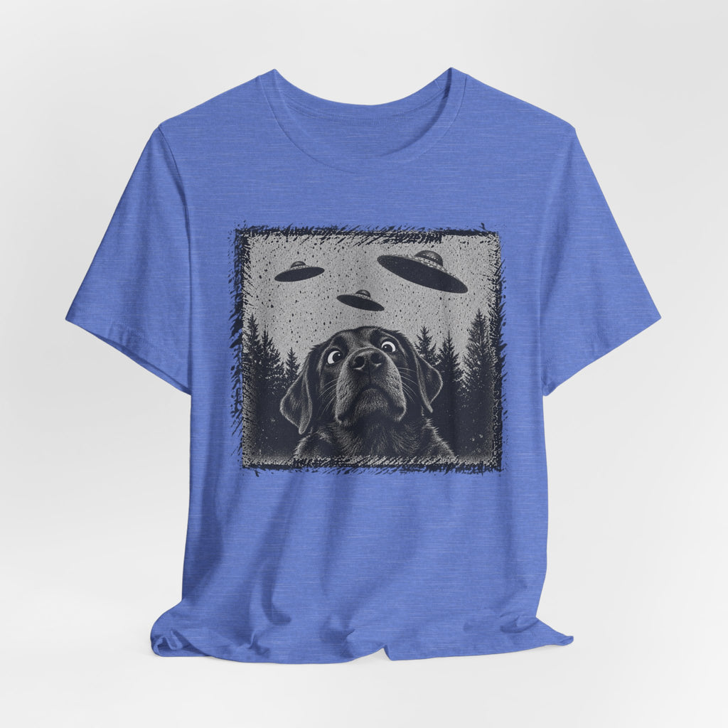 Black Lab UFO Tee in Heather Mustard - funny dog alien UFO shirt, Barely Outdoorsy Bella Canvas 3001