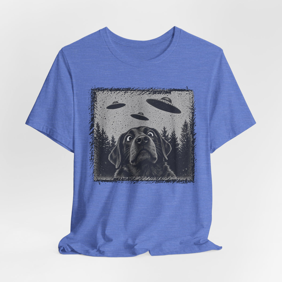 Black Lab UFO Tee in Heather Mustard - funny dog alien UFO shirt, Barely Outdoorsy Bella Canvas 3001