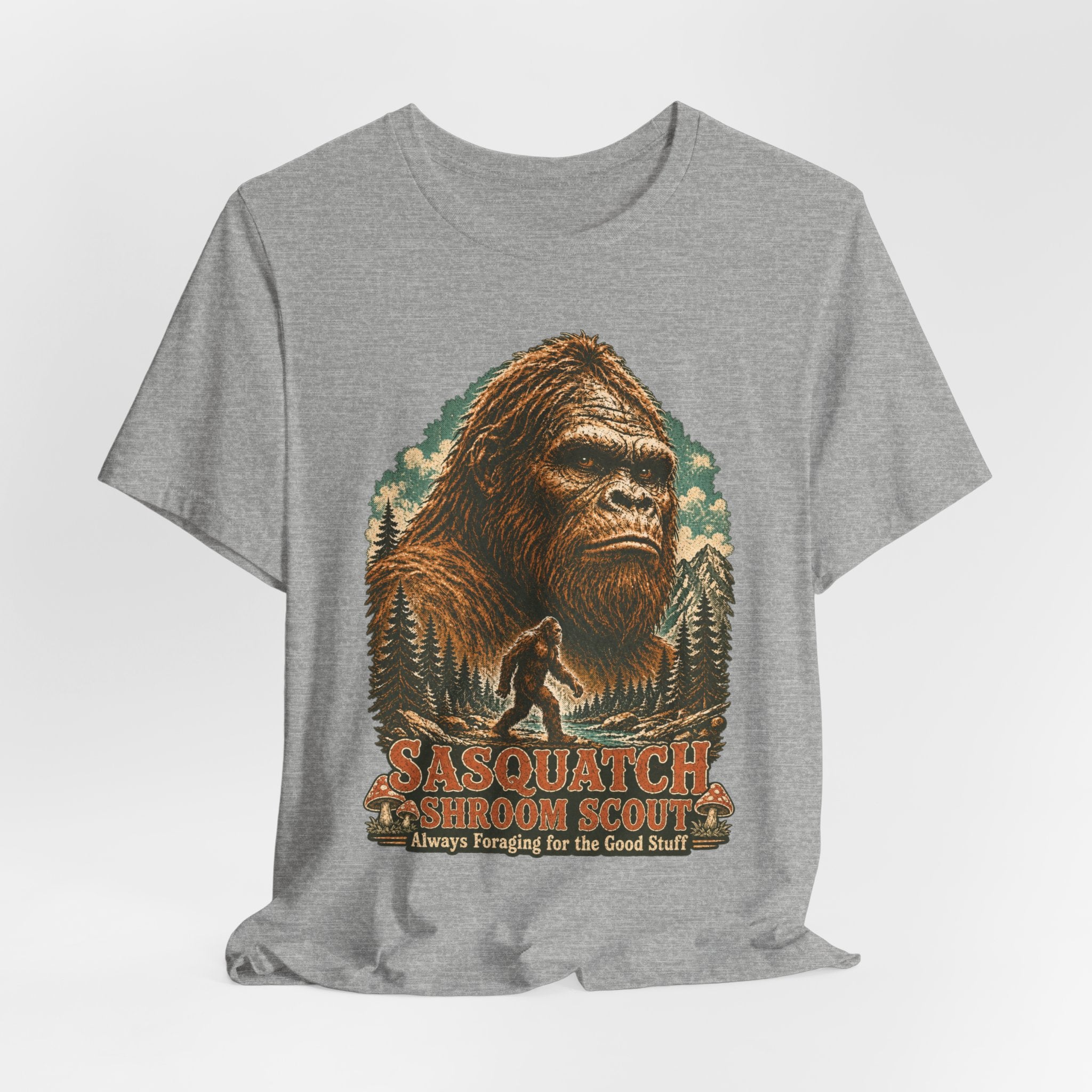 Sasquatch Shroom Scout Tee in Navy - funny Sasquatch mushroom scout shirt, Barely Outdoorsy Bella Canvas 3001
