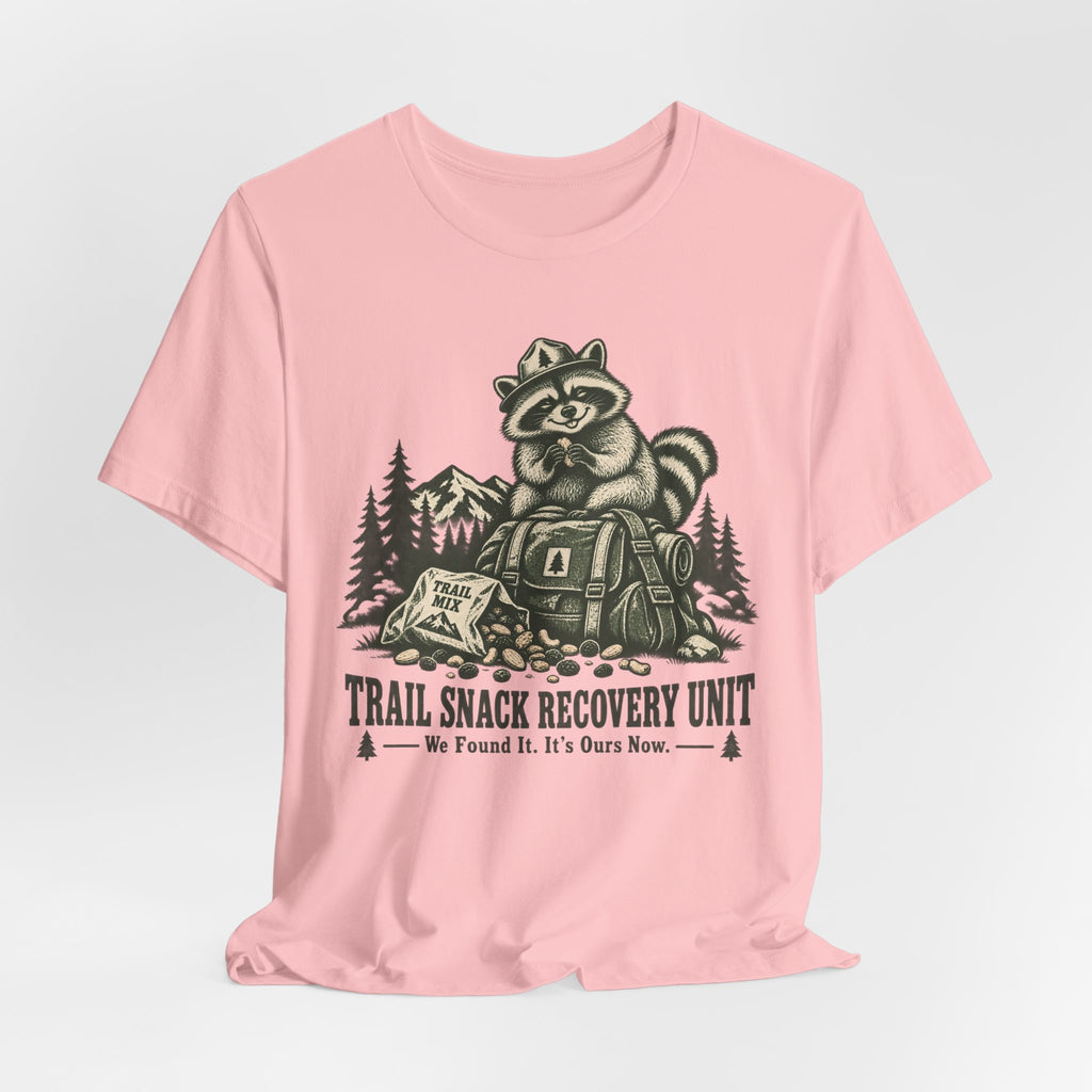 Trail Snack Recovery Unit Tee in Pink detail - funny hiking snack close-up graphic, Barely Outdoorsy Bella Canvas 3001