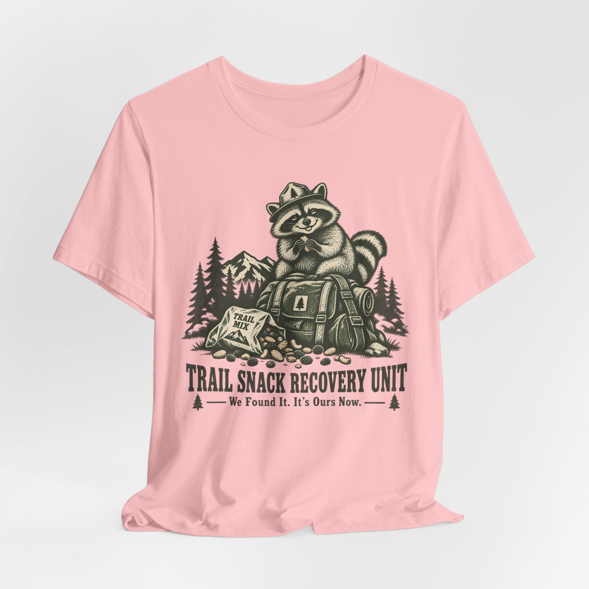 Trail Snack Recovery Unit Tee in Pink detail - funny hiking snack close-up graphic, Barely Outdoorsy Bella Canvas 3001