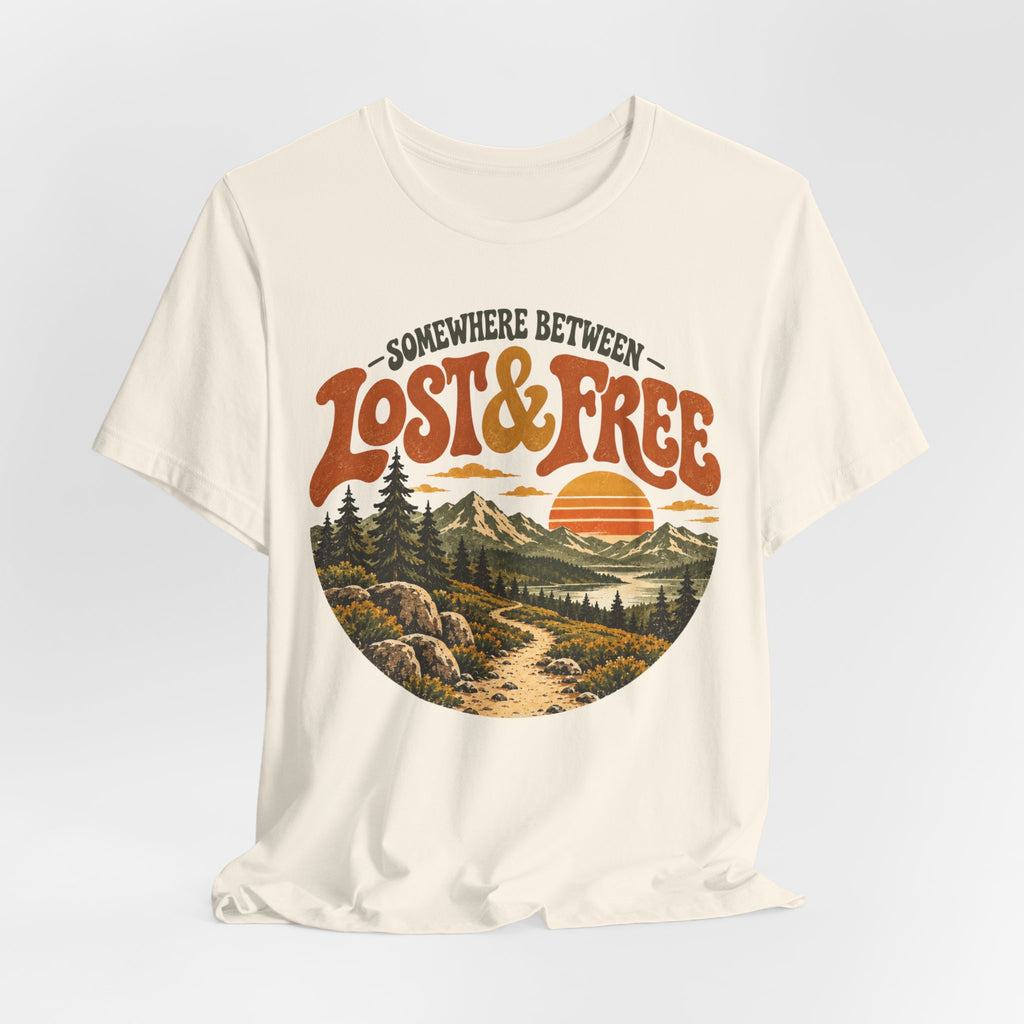 Somewhere Between Lost Free T-Shirt in Athletic Heather - retro hiking adventure graphic tee, Barely Outdoorsy Bella Canvas 3001
