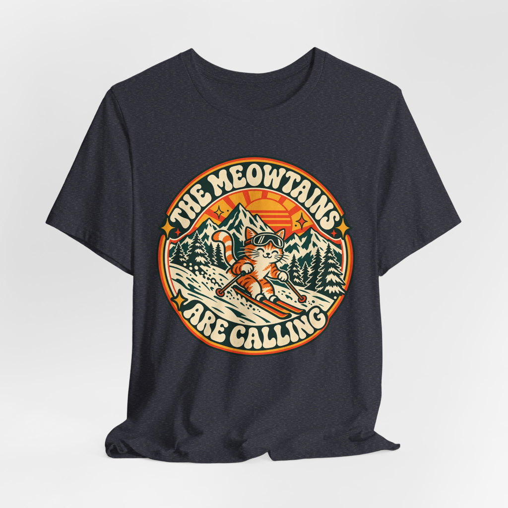 The Meowtains Are Calling Ski Cat T-Shirt in Heather Autumn - funny ski cat meowtains pun tee, Barely Outdoorsy