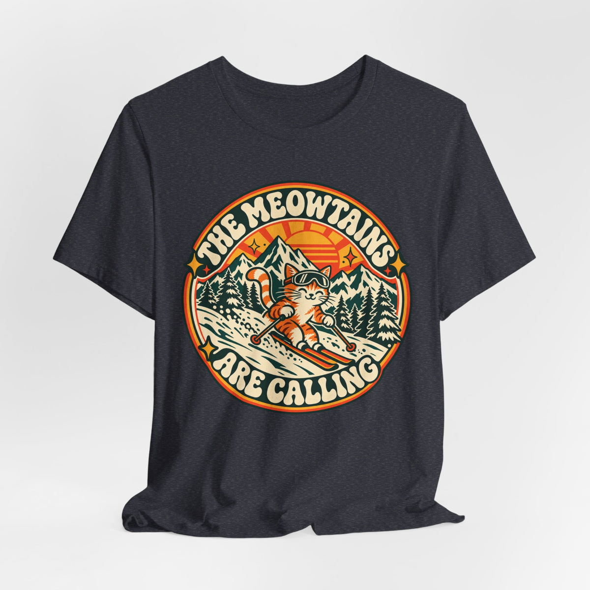 The Meowtains Are Calling Ski Cat T-Shirt in Heather Autumn - funny ski cat meowtains pun tee, Barely Outdoorsy