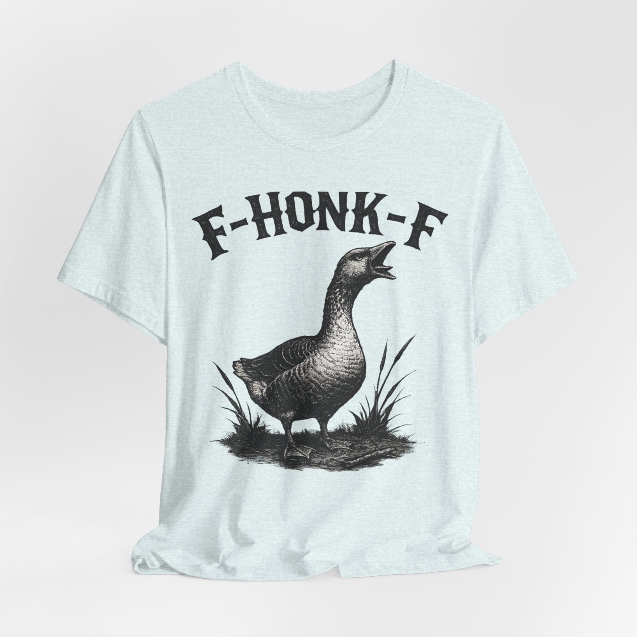 F-HONK-F Funny Goose T-Shirt in Heather Ice Blue - gothic goose humor graphic tee, Barely Outdoorsy