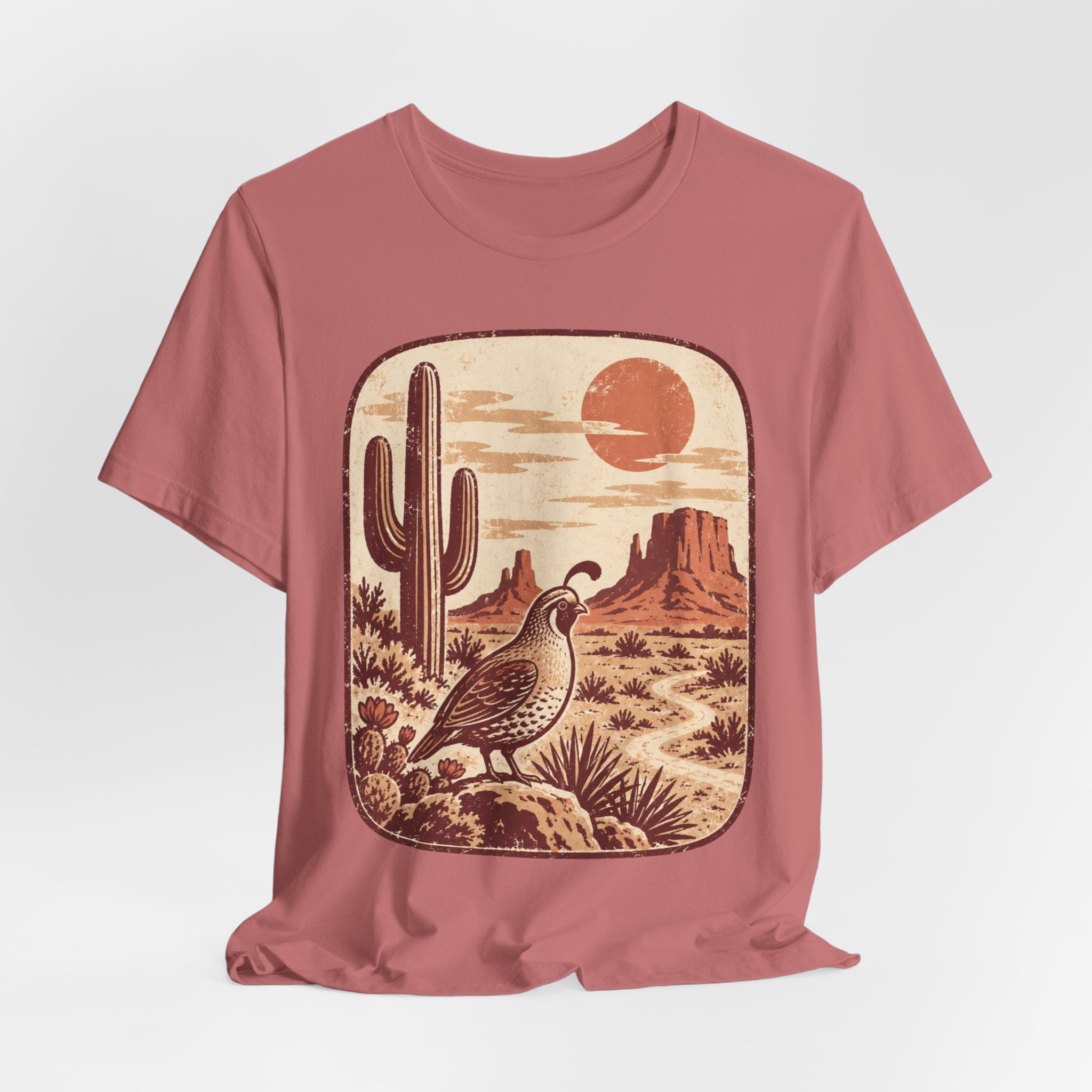 Gambel's Quail Desert Sunset T-Shirt in White - Gambel's quail desert graphic tee, Barely Outdoorsy Bella Canvas