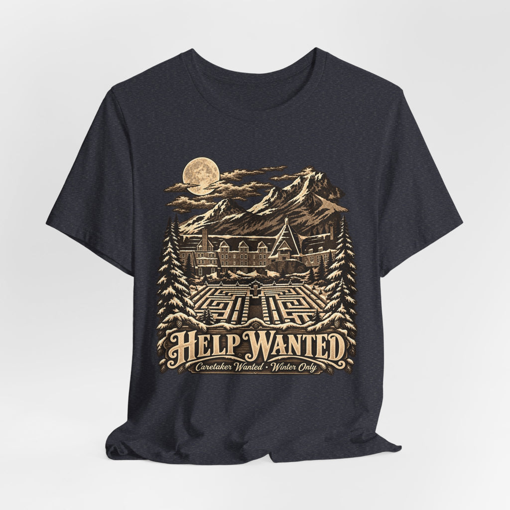 Help Wanted Winter Caretaker T-Shirt in Forest - funny horror caretaker parody graphic tee, Barely Outdoorsy Bella Canvas 3001