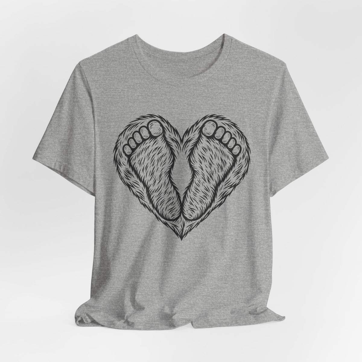 Bigfoot Feet Heart T-Shirt flat lay Athletic Heather - unisex crew neck Bigfoot heart graphic tee, Barely Outdoorsy