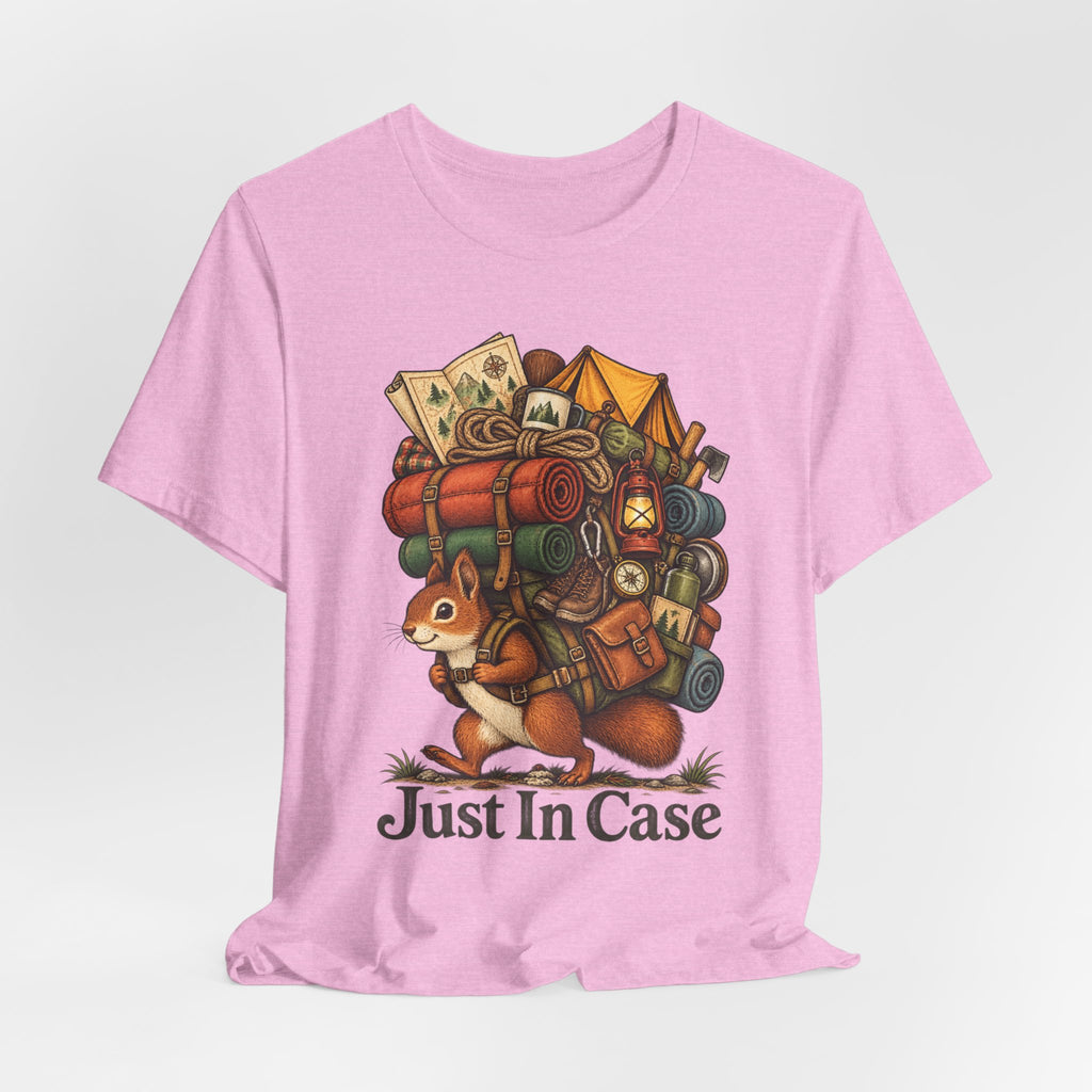 Just In Case Overpacked Squirrel T-Shirt in Heather Tan - funny overpacked squirrel hiking graphic tee, Barely Outdoorsy Bella Canvas 3001