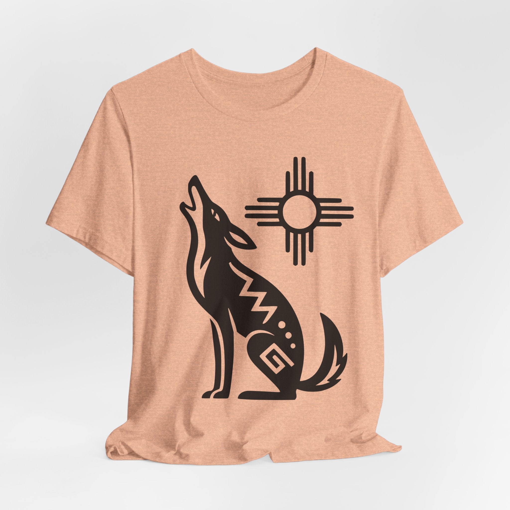 Southwest Zia Sun Coyote T-Shirt in Heather Peach - retro coyote Zia sun graphic tee, Barely Outdoorsy Bella Canvas
