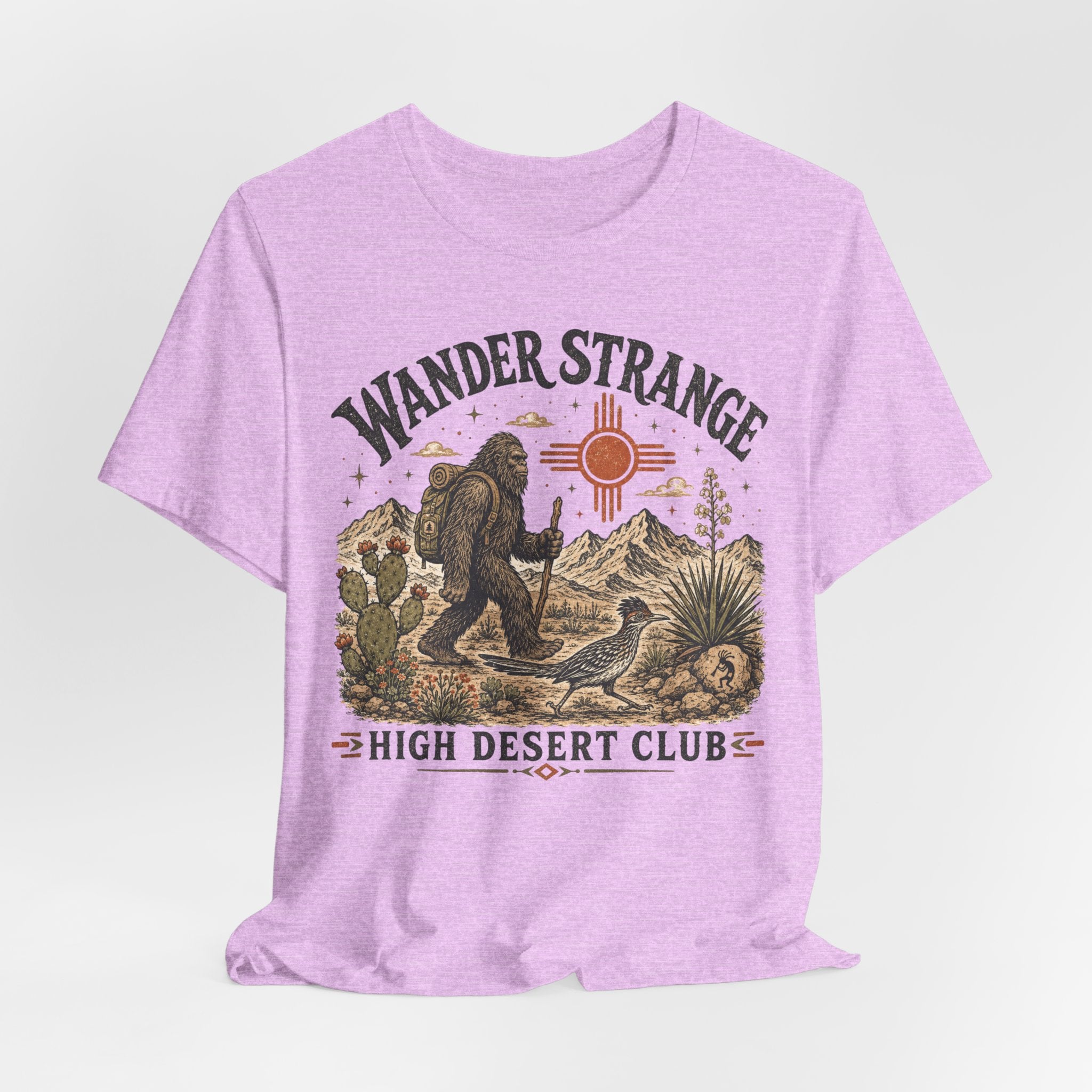 Wander Strange High Desert Club Tee flat lay Athletic Heather - unisex crew neck retro desert club graphic tee, Barely Outdoorsy