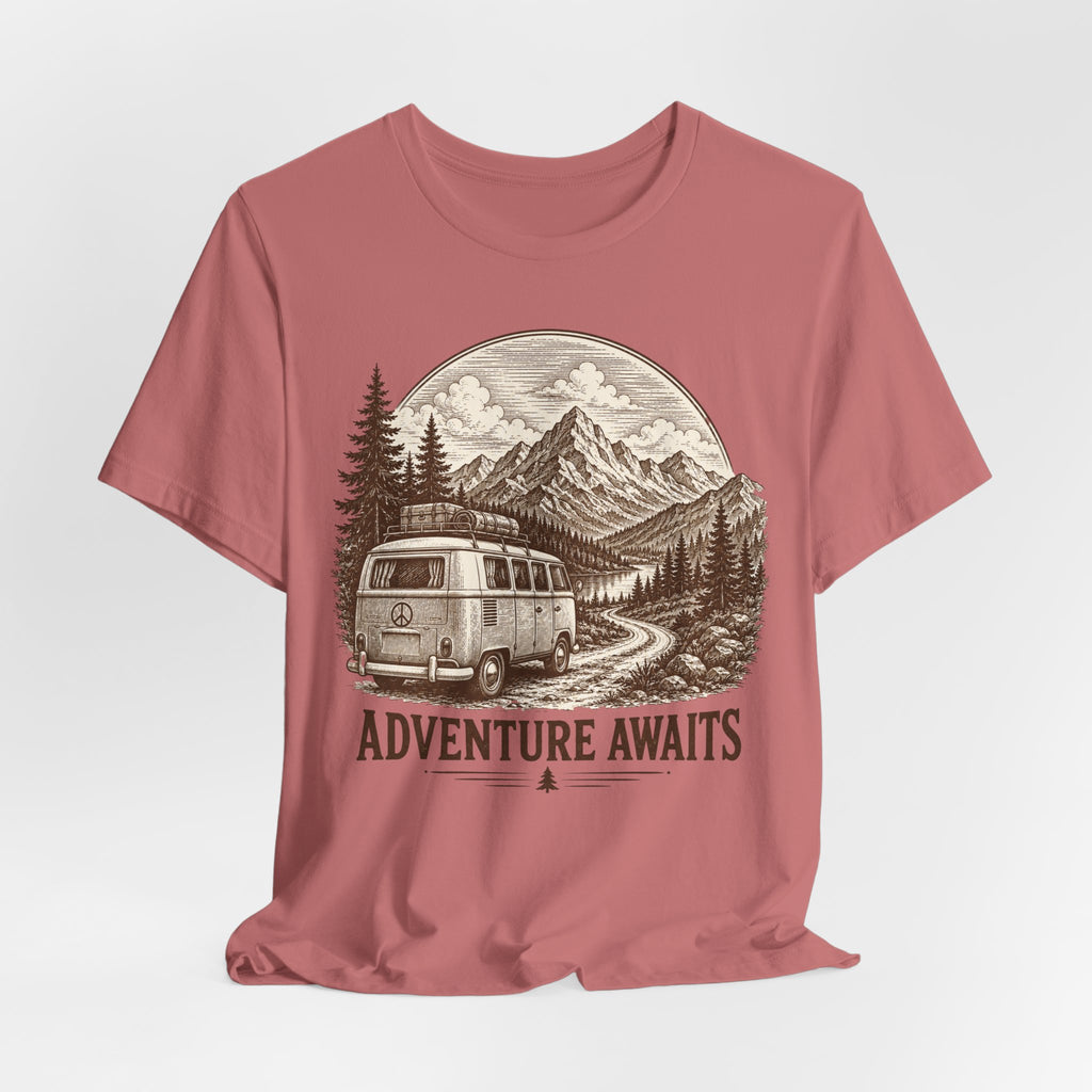 Adventure Awaits Tee in Mauve - retro crosshatch camper van mountain etching shirt, Barely Outdoorsy Bella Canvas 3001