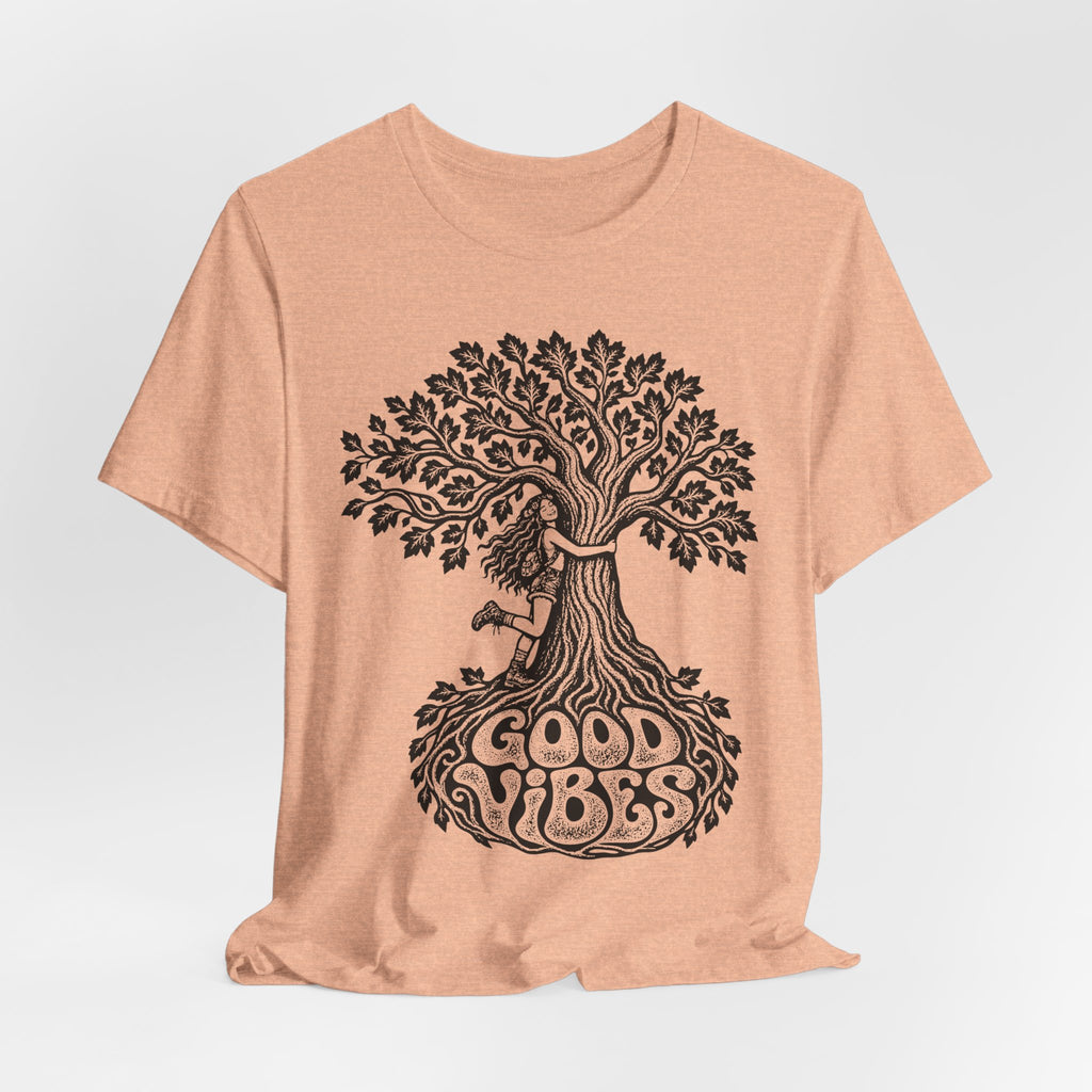 Good Vibes Tree Hug Tee in Heather Peach - funny tree hug good vibes shirt, Barely Outdoorsy Bella Canvas 3001