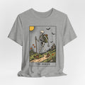 The Hiker Tarot Card Tee in White - funny skeleton hiker tarot dark humor shirt, Barely Outdoorsy Bella Canvas 3001