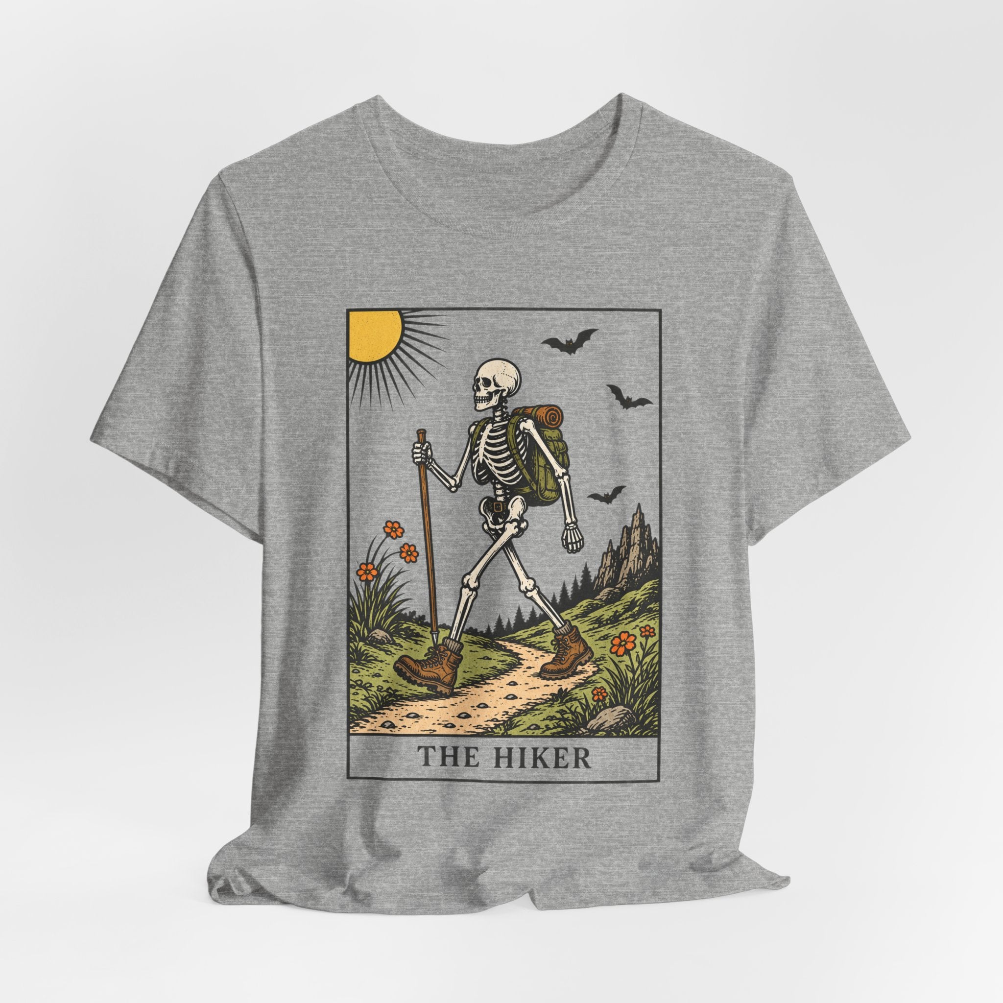 The Hiker Tarot Card Tee in White - funny skeleton hiker tarot dark humor shirt, Barely Outdoorsy Bella Canvas 3001
