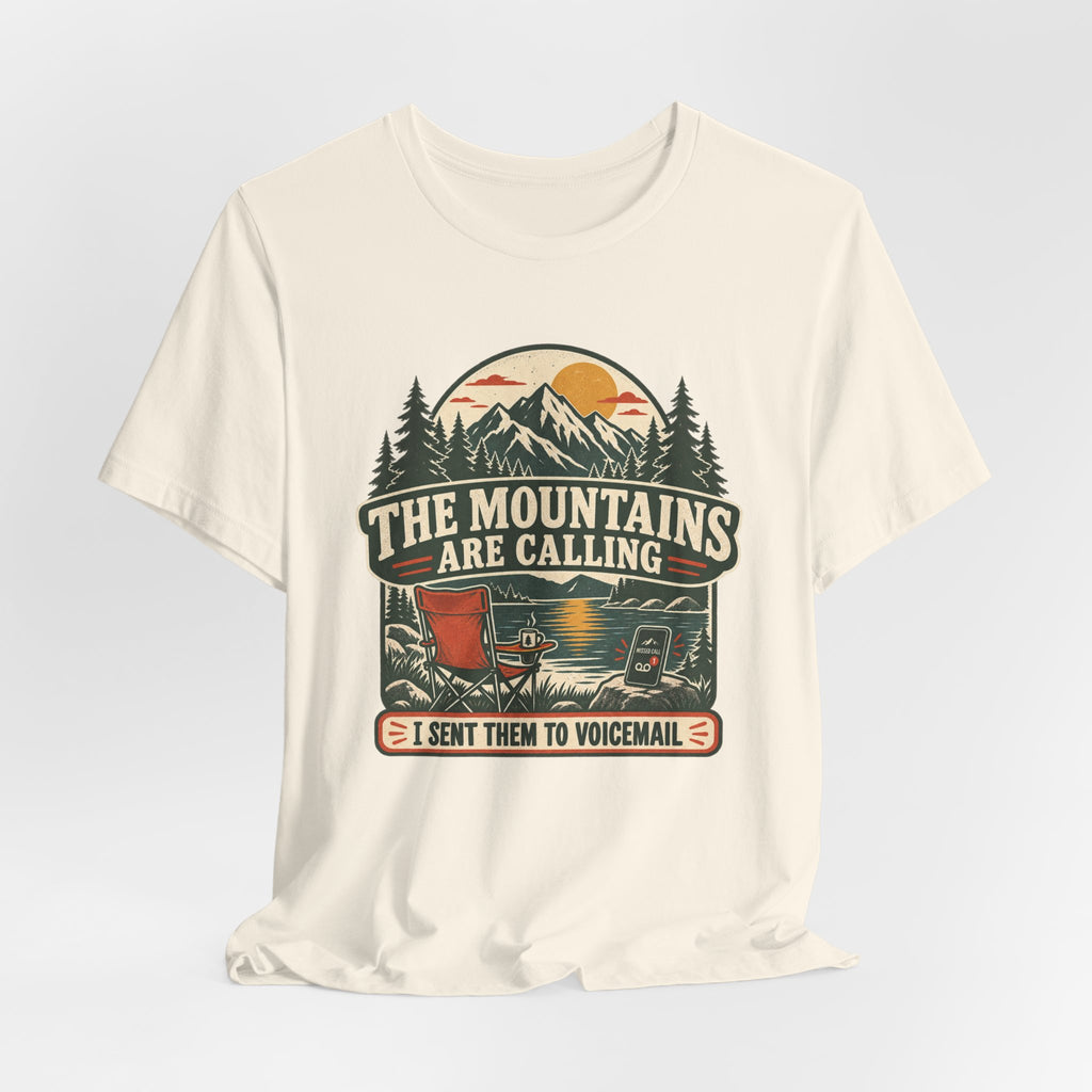 Mountains Are Calling Sent to Voicemail T-Shirt in Athletic Heather - funny mountains voicemail hiking humor graphic tee, Barely Outdoorsy Bella Canvas 3001