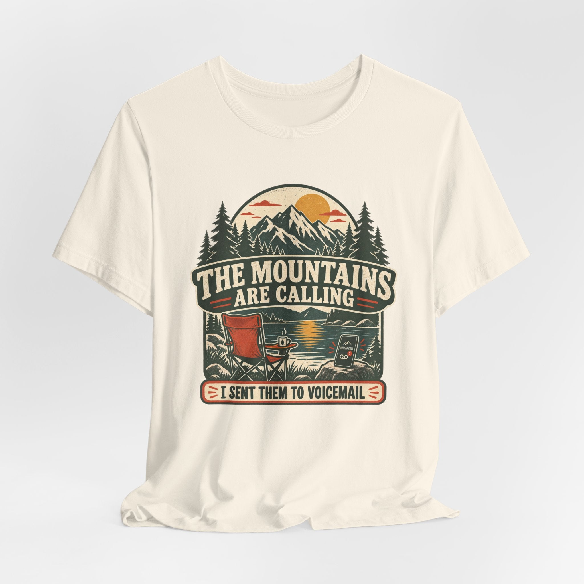 Mountains Are Calling Sent to Voicemail T-Shirt in Athletic Heather - funny mountains voicemail hiking humor graphic tee, Barely Outdoorsy Bella Canvas 3001