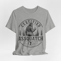 Certified Assquatch Funny Bigfoot T-Shirt in Athletic Heather - funny Sasquatch pun certified graphic tee, Barely Outdoorsy Bella Canvas 3001