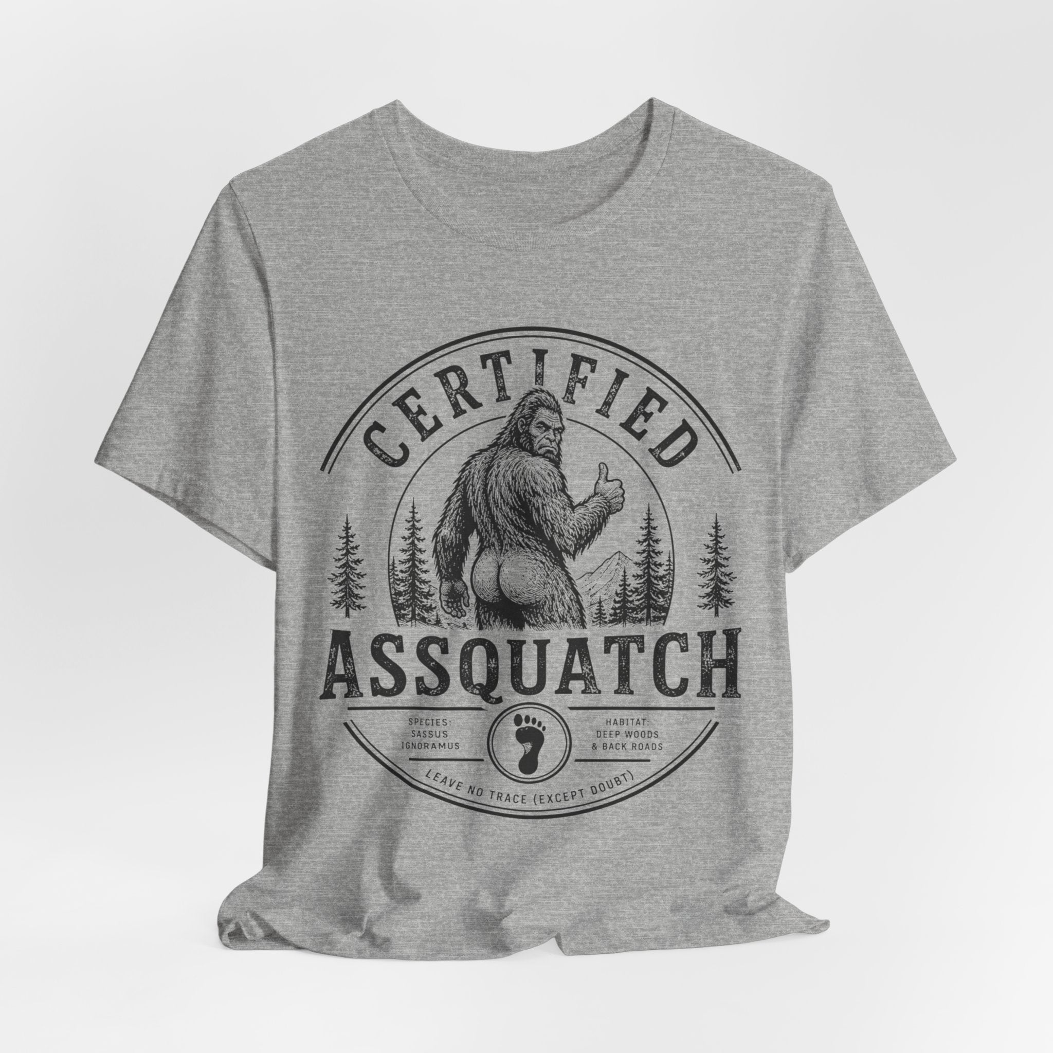 Certified Assquatch Funny Bigfoot T-Shirt in Athletic Heather - funny Sasquatch pun certified graphic tee, Barely Outdoorsy Bella Canvas 3001