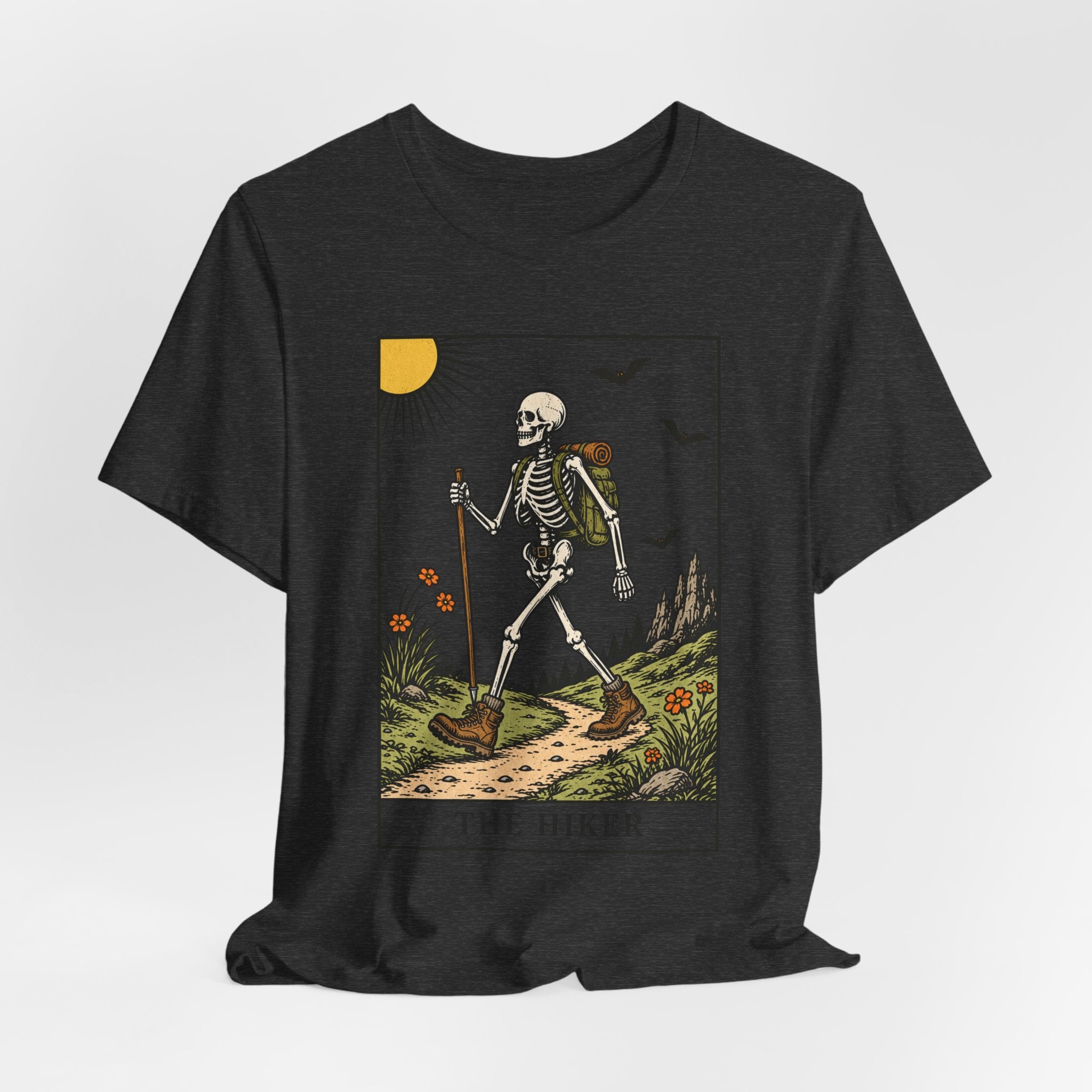 The Hiker Tarot Card Tee in Heather True Royal worn shot - funny skeleton hiking tarot shirt, Barely Outdoorsy Bella Canvas