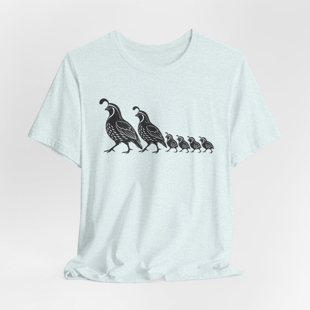 Quail Family Walk T-Shirt in Heather Prism Ice Blue - sweet quail family walk graphic tee, Barely Outdoorsy
