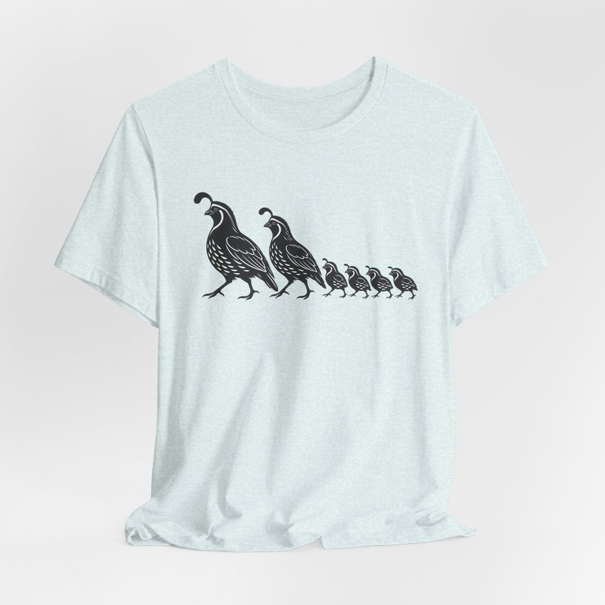Quail Family Walk T-Shirt in Heather Prism Ice Blue - sweet quail family walk graphic tee, Barely Outdoorsy