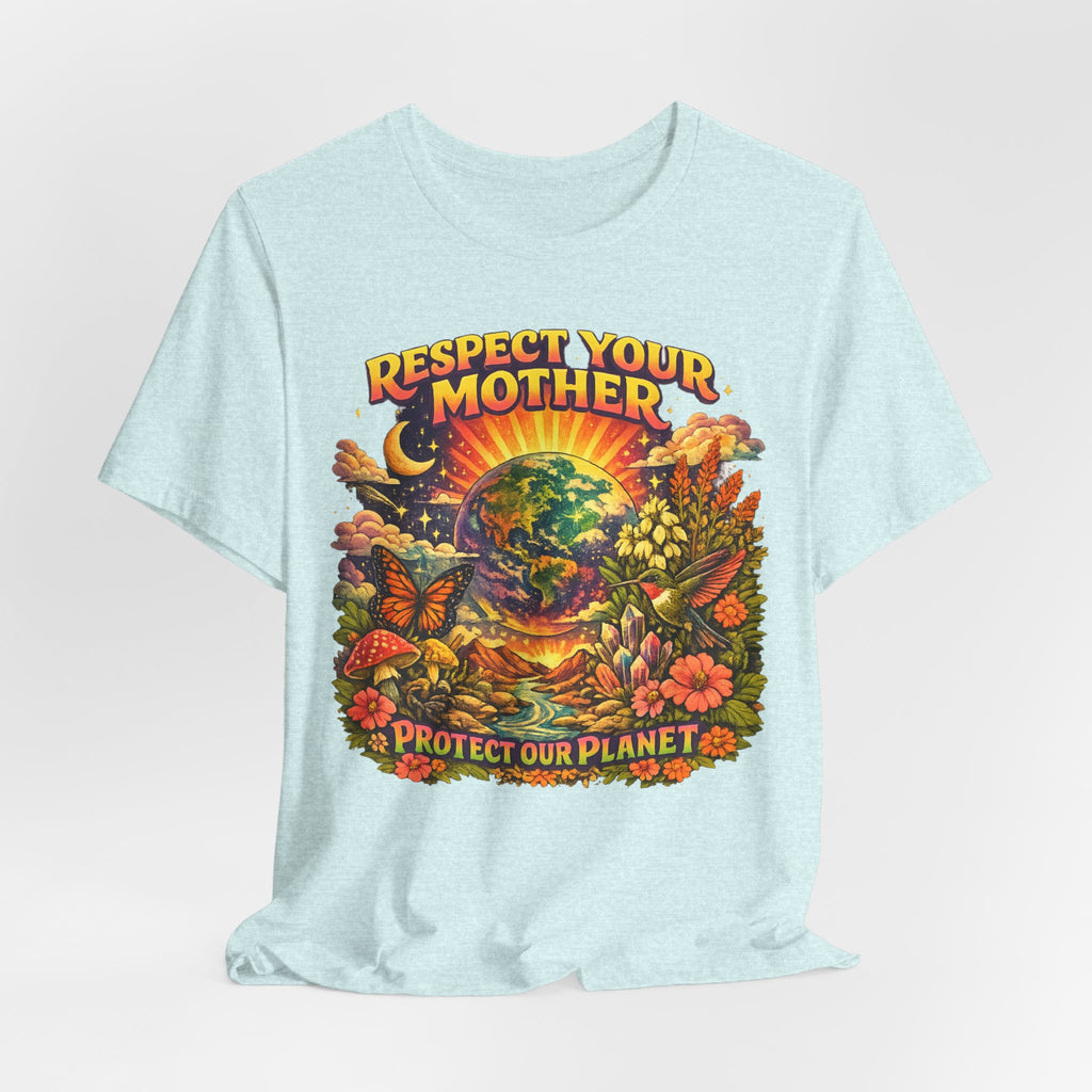 Respect Your Mother Protect Our Planet T-Shirt in White - retro 70s Mother Earth wildflower graphic tee, Barely Outdoorsy