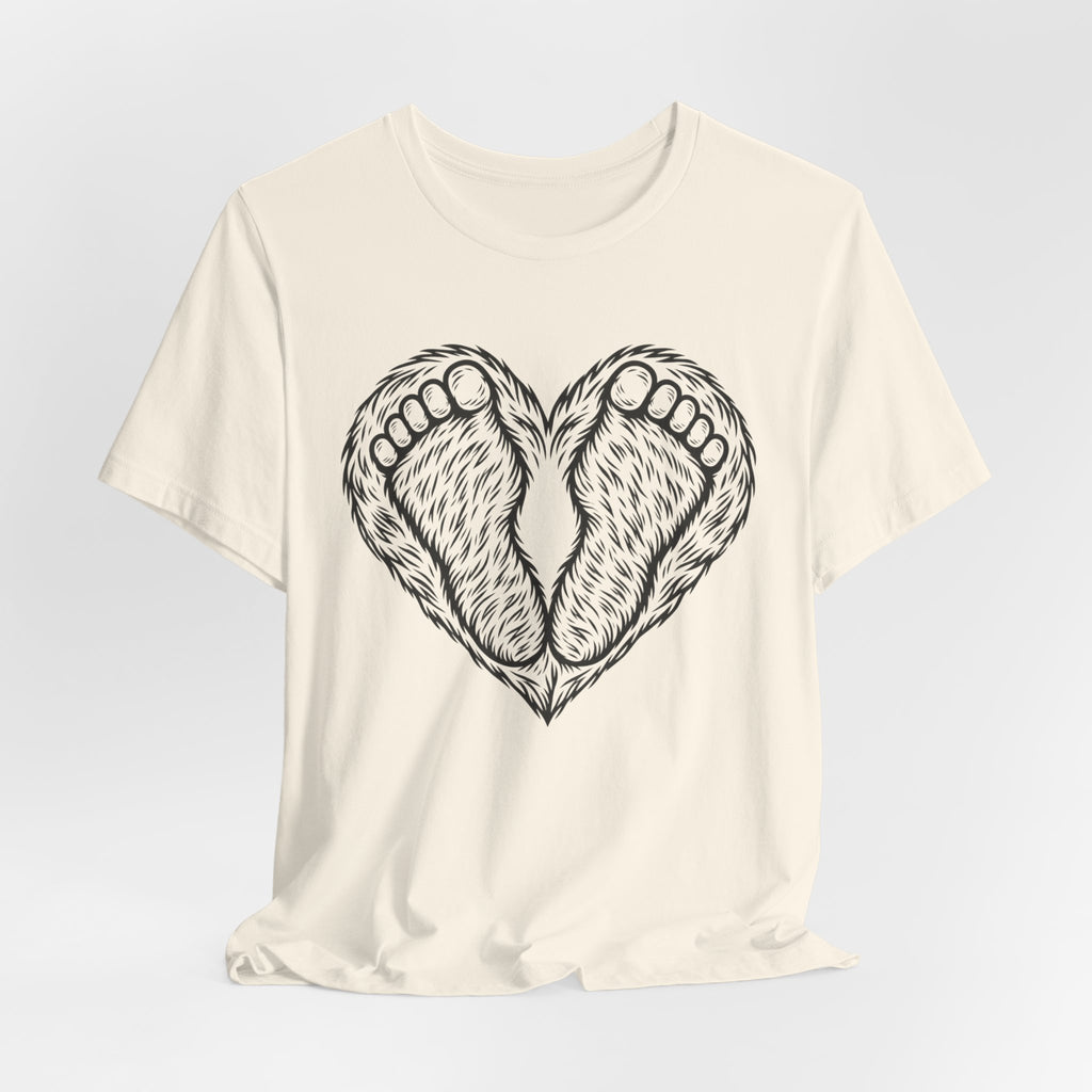 Bigfoot Feet Heart Tee in Heather Ice Blue - funny Sasquatch feet heart shirt, Barely Outdoorsy Bella Canvas 3001