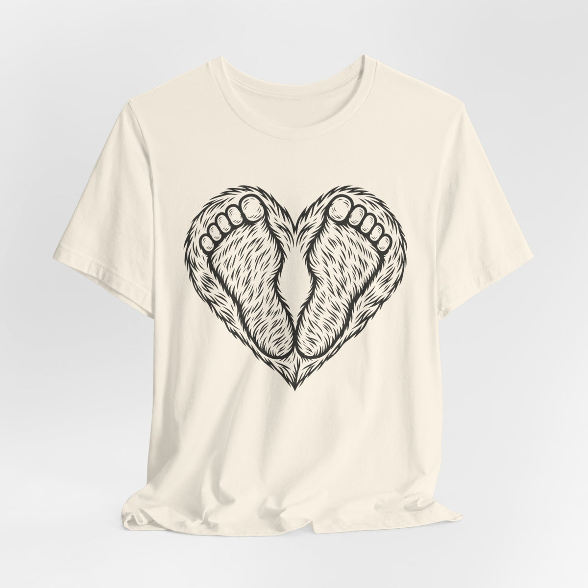 Bigfoot Feet Heart Tee in Heather Ice Blue - funny Sasquatch feet heart shirt, Barely Outdoorsy Bella Canvas 3001