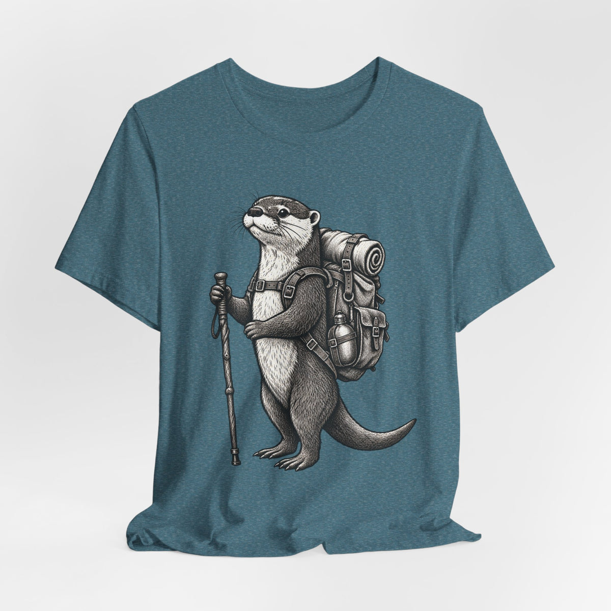 Otter Backpacker Tee flat lay Heather Deep Teal - unisex crew neck otter backpacking graphic tee, Barely Outdoorsy