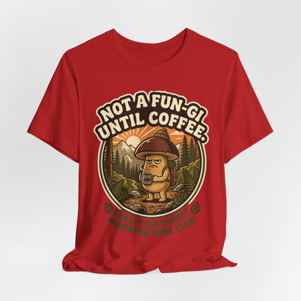 Not A Fun-Gi Until Coffee Tee in Heather Purple - funny pre-coffee mushroom humor shirt, Barely Outdoorsy Bella Canvas 3001