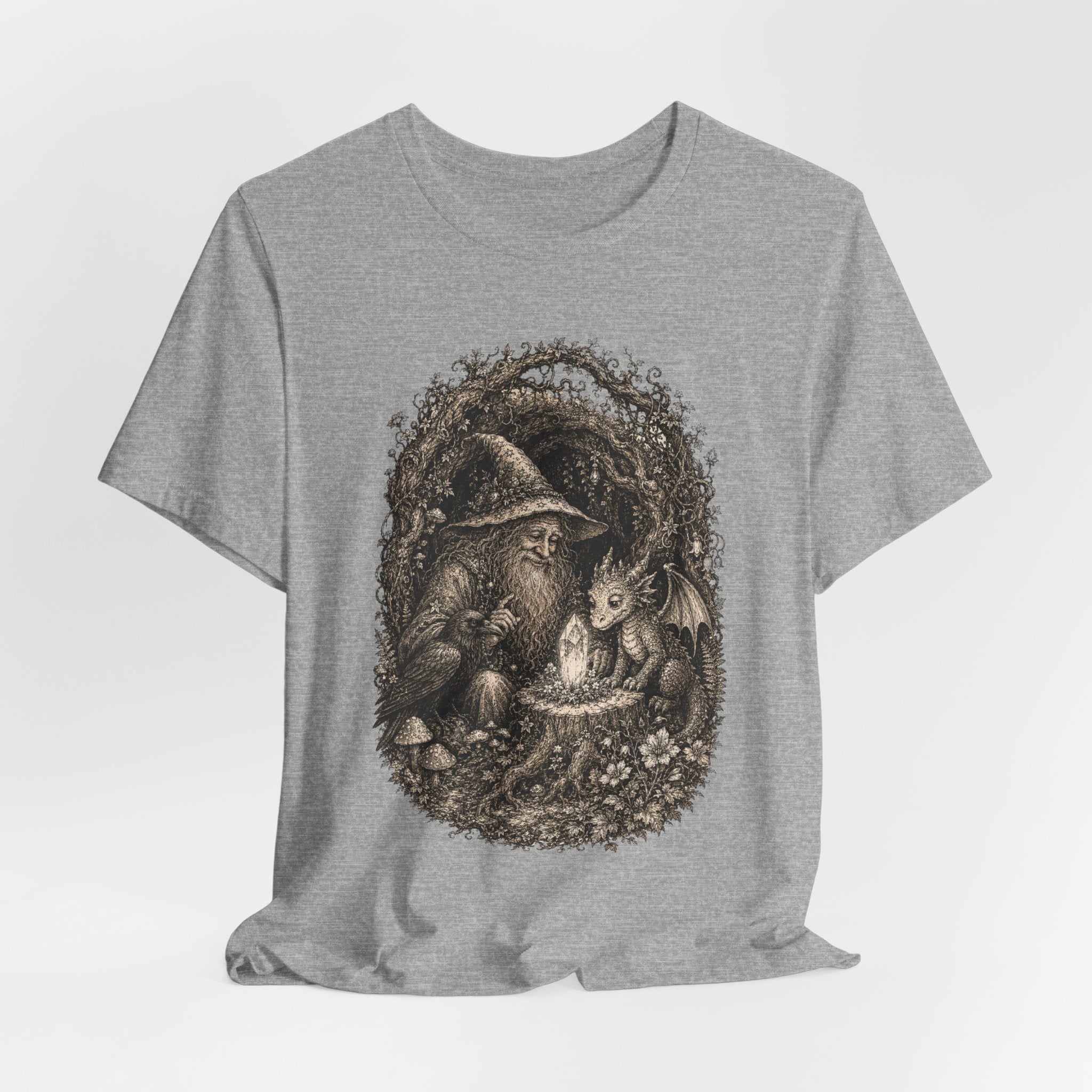 Wizard and Dragon Tee flat lay Athletic Heather - unisex crew neck wizard dragon graphic tee, Barely Outdoorsy