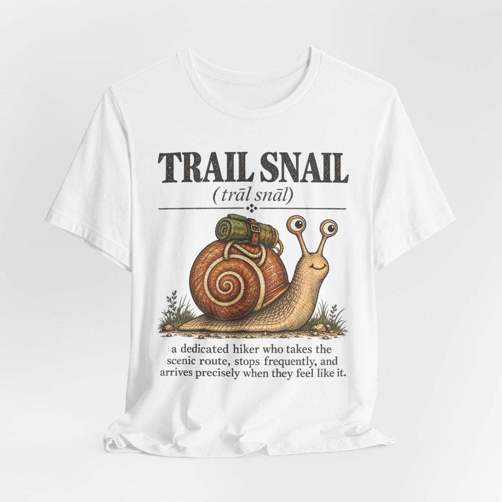 Trail Snail Tee in Heather Slate - funny trail snail hiking humor shirt, Barely Outdoorsy