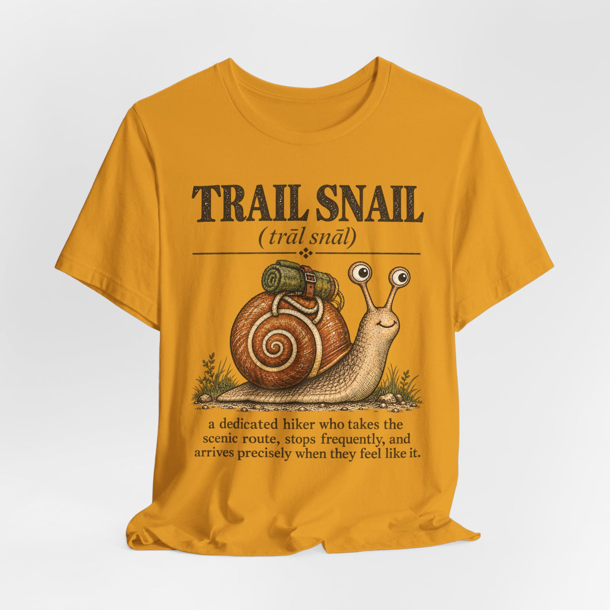Trail Snail Tee in Sage - funny slow hiking trail snail shirt, Barely Outdoorsy Bella Canvas