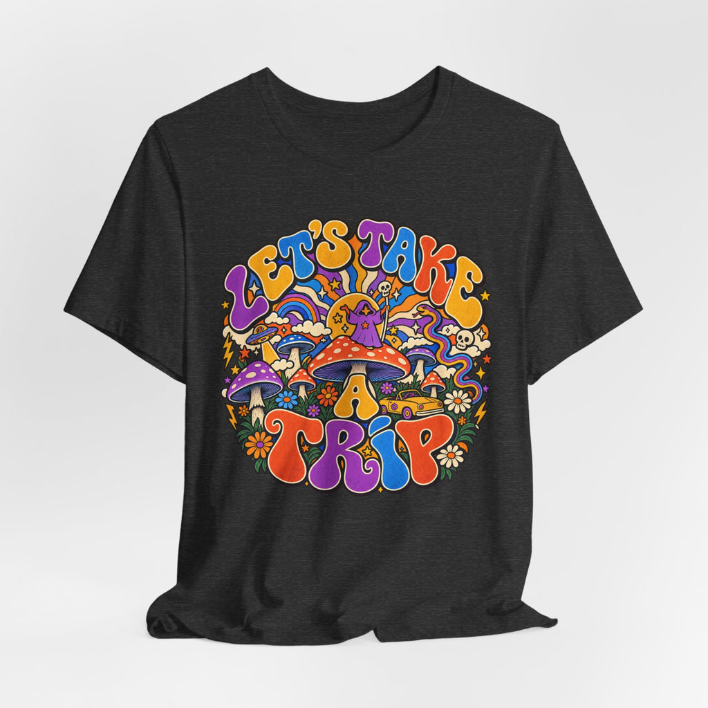Let's Take a Trip Retro T-Shirt in Black Heather - psychedelic retro road trip graphic tee, Barely Outdoorsy