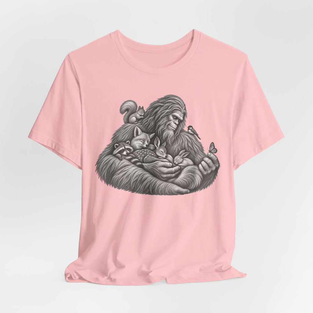 Guardian of the Forest Bigfoot Tee in Heather Peach worn shot - painterly Bigfoot forest shirt, Barely Outdoorsy Bella Canvas