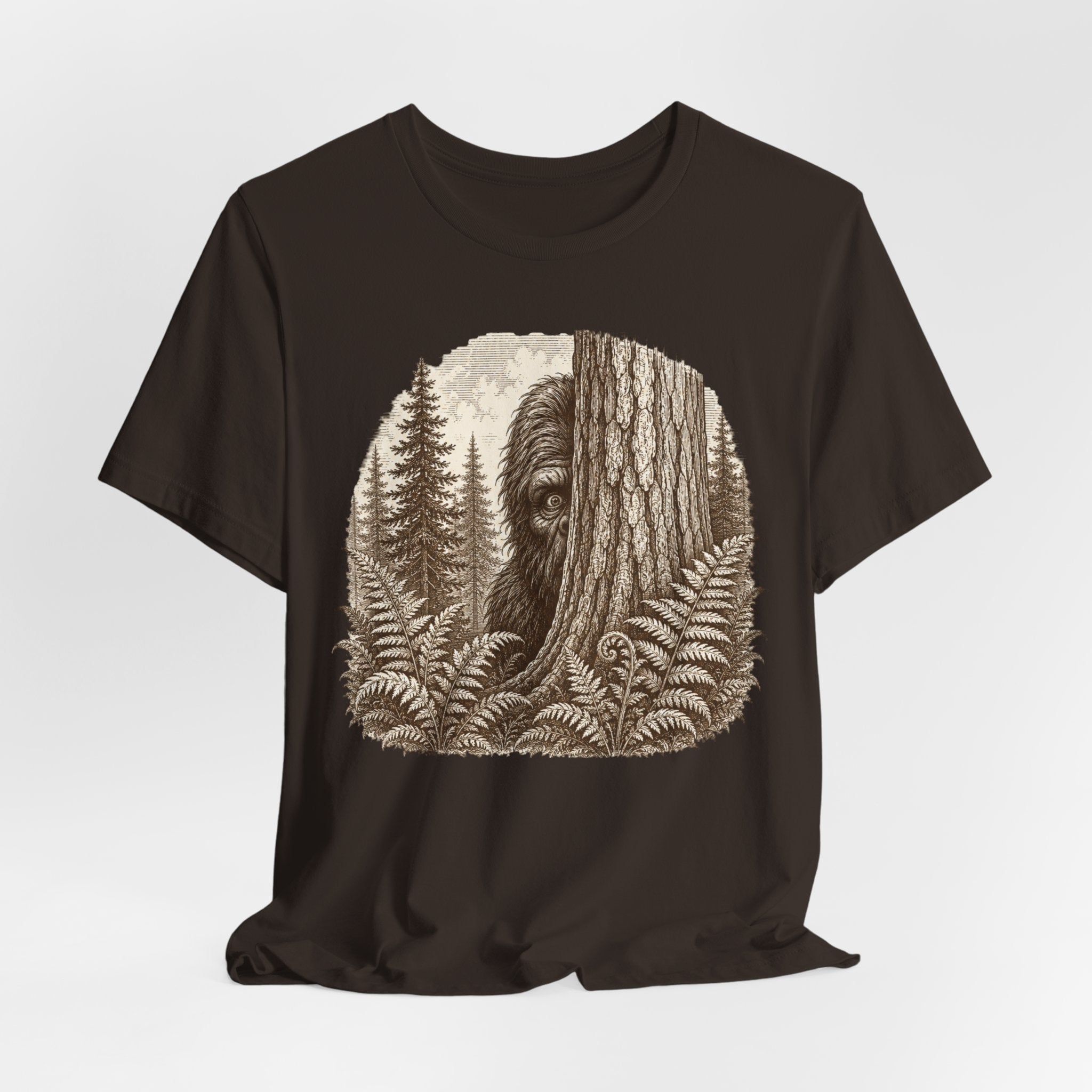 Hide and Seek Champion Tee in Dark Grey Heather detail - Sasquatch vintage engraving close-up graphic, Barely Outdoorsy