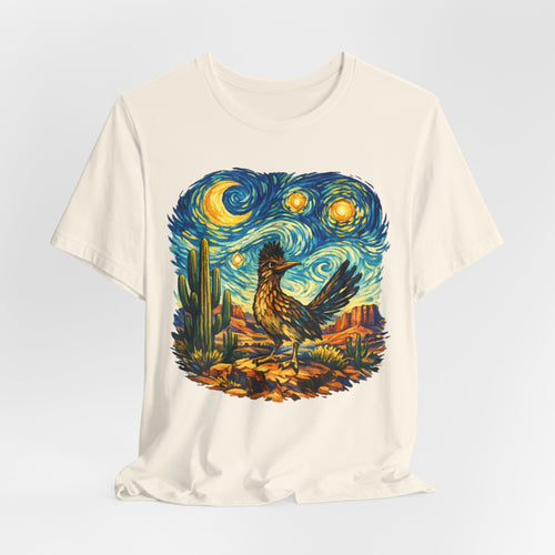Starry Night Roadrunner T-Shirt in Dark Grey Heather - Van Gogh impressionist roadrunner swirling stars graphic tee, Barely Outdoorsy Bella Canvas 3001