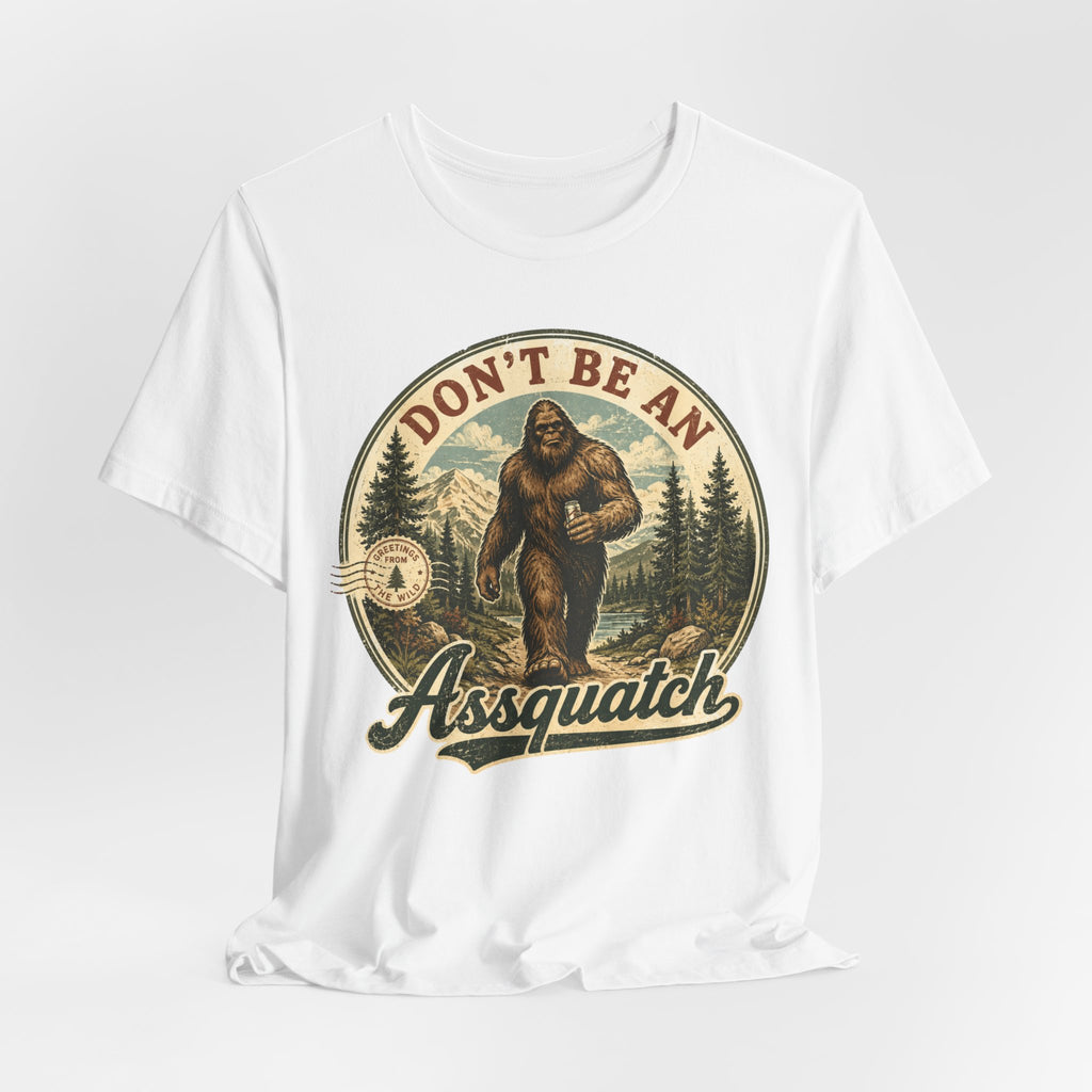 Don't Be An Assquatch Bigfoot Tee in Athletic Heather - funny Bigfoot assquatch pun shirt, Barely Outdoorsy