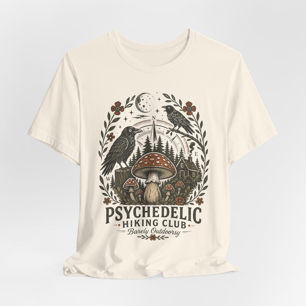 Psychedelic Hiking Club Barely Outdoorsy T-Shirt in Athletic Heather - dark cottagecore hiking club graphic tee, Barely Outdoorsy Bella Canvas 3001
