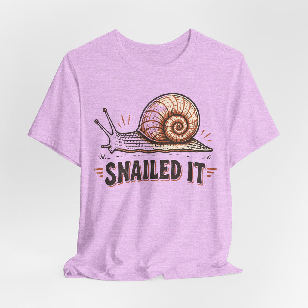 Snailed It Tee in Athletic Heather worn shot - funny snail pun humor shirt, Barely Outdoorsy