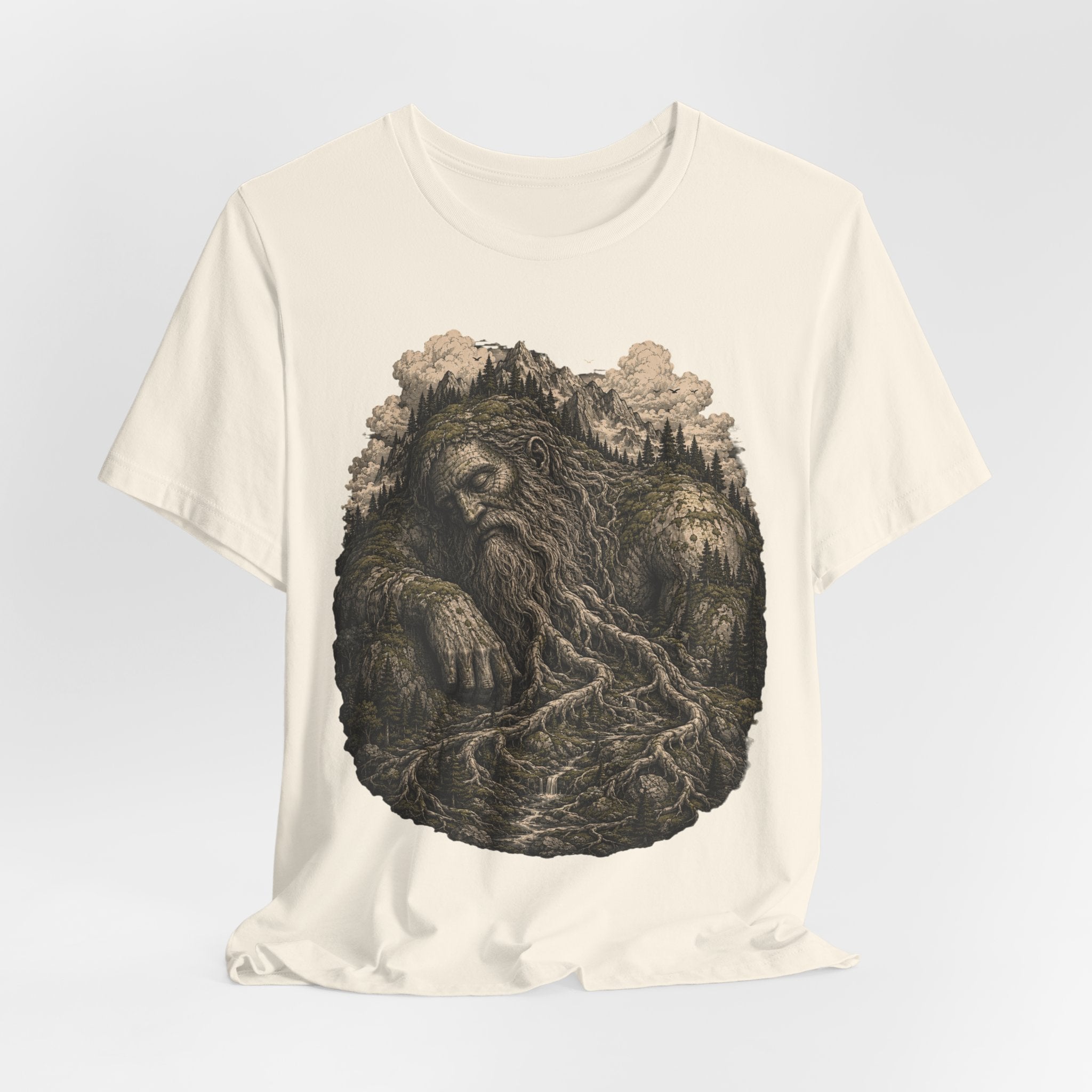 Sleeping Mountain Giant T-Shirt in Black - painterly fantasy sleeping giant mountain graphic tee, Barely Outdoorsy Bella Canvas 3001