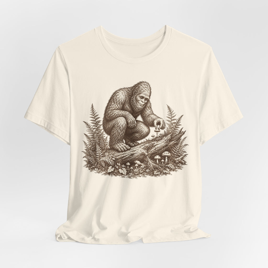Bigfoot Mushroom Forager T-Shirt in Heather Peach - Sasquatch botanical etching fungi graphic tee, Bella Canvas 3001