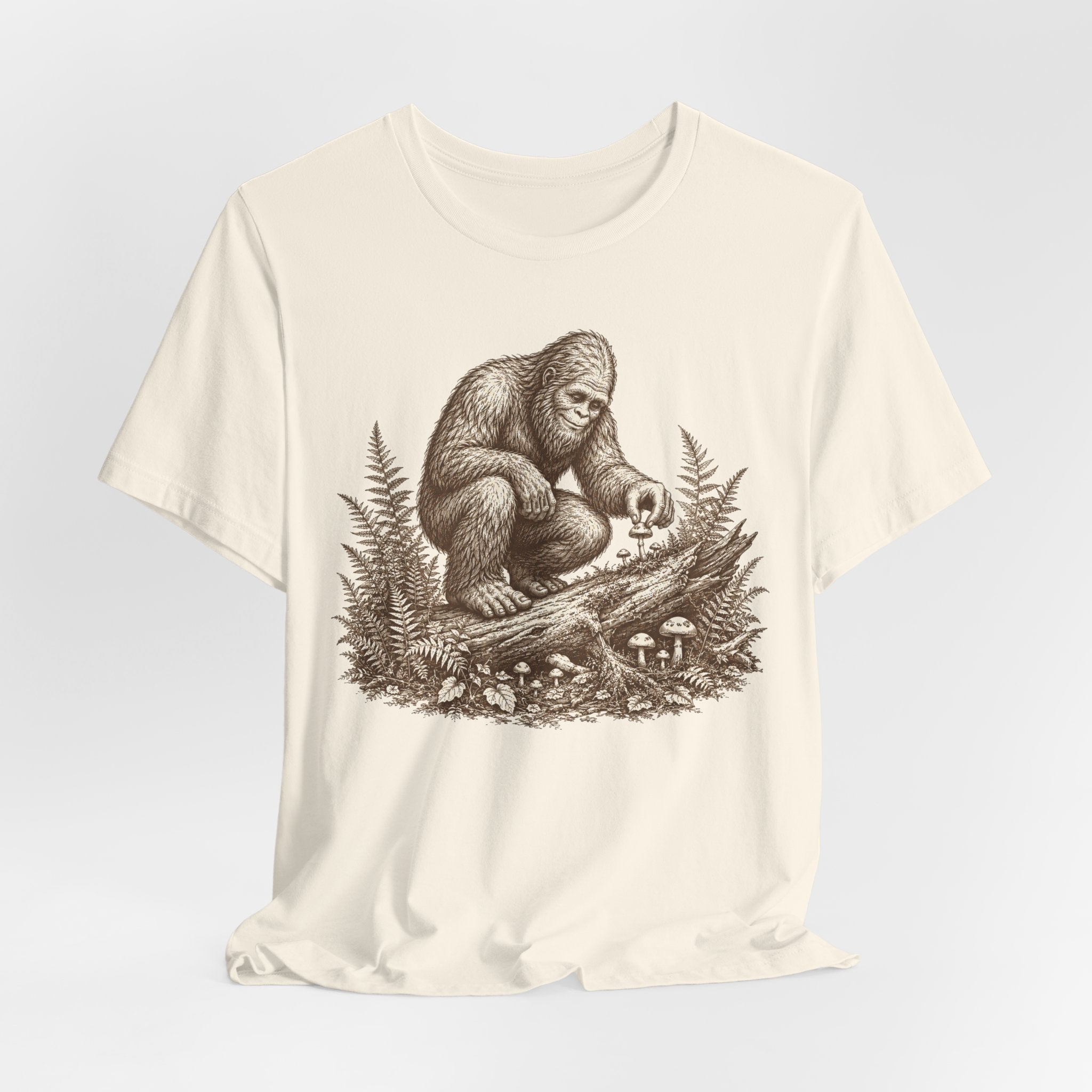 Bigfoot Mushroom Forager T-Shirt in Heather Peach - Sasquatch botanical etching fungi graphic tee, Bella Canvas 3001