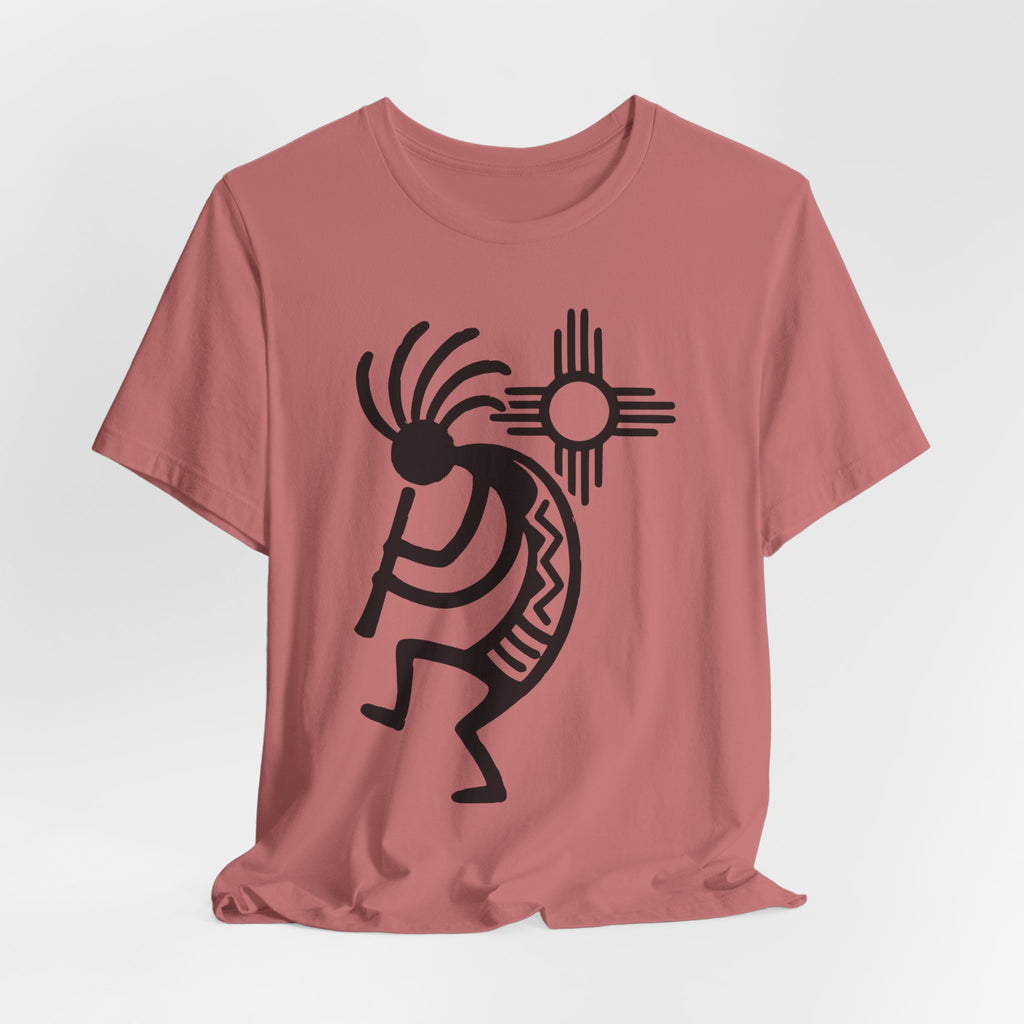 Kokopelli Zia Sun T-Shirt in Heather Peach - Southwest Native art funny graphic tee