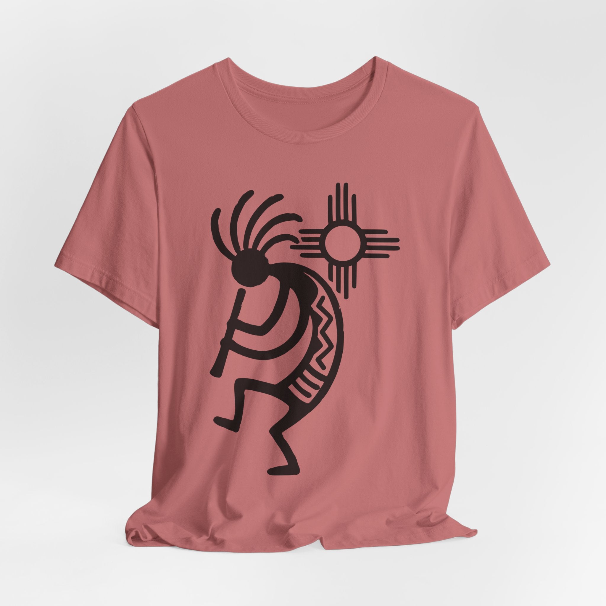 Kokopelli Zia Sun T-Shirt in Heather Peach - Southwest Native art funny graphic tee